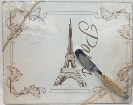 Set of Glass Cutting Board &amp; Cheese Spreader (10&quot;x8&quot;) EIFFEL TOWER &amp; POS... - £12.58 GBP