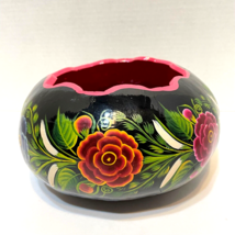Vintage Hand Painted Floral Art Gourd Bowl Scalloped Edge 8 x 4 inches N... - $30.42