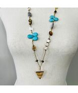 Picture Jasper Mother Of Pearl Bead Pendant Gold Tone Necklace Statement... - $29.99