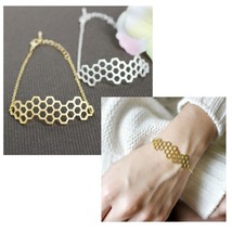 Honeycomb Bracelet Silver Or Gold Tone Curved Metal Hexagon Bee Hive Chain New - £7.15 GBP