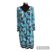 Pappagallo Dress Sz L Blue Green Pineapple V Neck Tropical Long Sleeve S... - £22.33 GBP