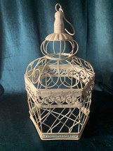 Large Metal Bird Cage White Shabby Chic 20&quot; Hanging Length Hexagon 9&quot;wide - $19.00