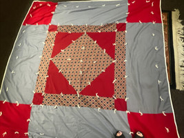 Vintage Hand quilted Stitched Block Quilt Yarn Tied Red White block Patc... - £27.20 GBP