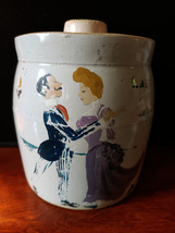 Old Crock with lid Handpainted with a Victorian Couple Dancing - $35.00