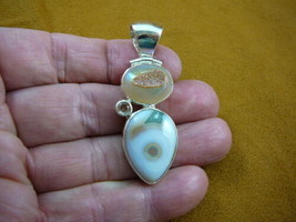 (J500-2) Peach oval Drusy Quartz + white teardrop Jasper Sterling silver PENDANT - £41.16 GBP