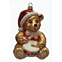 Teddy Bear with Santa Hat Playing The Drums Polish Glass Christmas Tree ... - $42.98
