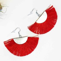 Red Fringe Fan Earrings - Silvertone - £11.85 GBP