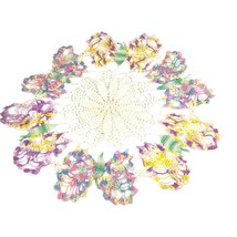 Vtg Handmade Crochet Doily 13.5&quot; Wide Bright Colors Connecting Butterflies - £14.33 GBP
