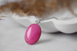 Necklace Pink Jade Oval Pendant Silver for women, Long pink gemstone necklace, P - £24.70 GBP