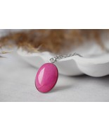 Necklace Pink Jade Oval Pendant Silver for women, Long pink gemstone nec... - £24.33 GBP