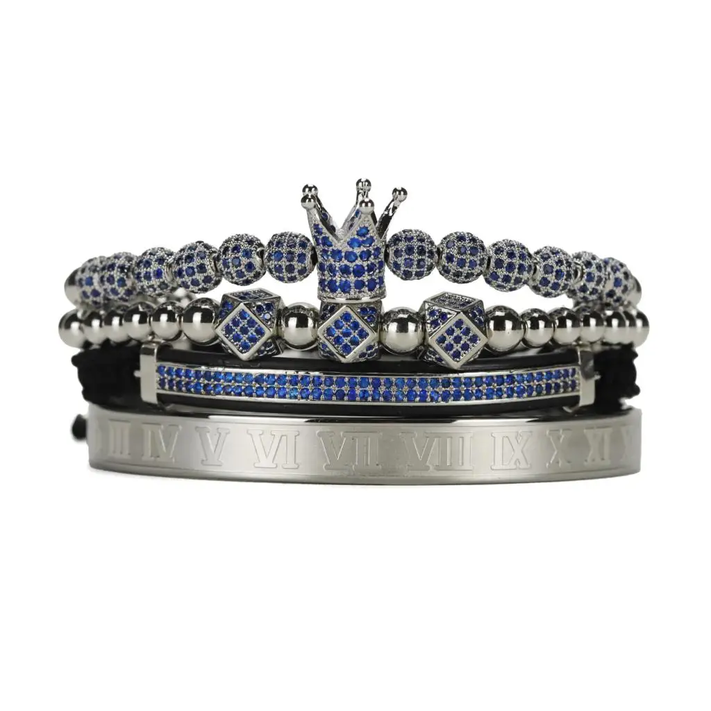 4pcs/set Luxury roayl crown Blue ghost CZ Ball men bracelet set Roman stainless  - £42.81 GBP