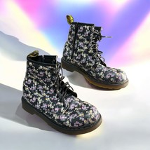 Dr Martens Delaney Floral Combat Boots Women Size 5 Black Tiny Pink Yell... - $40.00