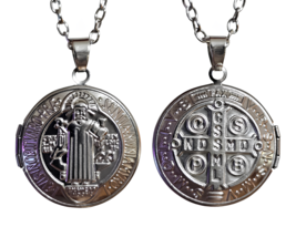 St Benedict Medal Locket Pendant Necklace Medallion Cross 18&quot; Chain Jewellery - £7.04 GBP