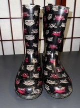 Capelli New York Girls Size 3/4 Rain Boots Black Pink White Owls Theme - $9.90