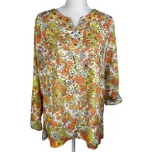 Multiples Top Blouse Retro Floral Large L Semi-Sheer 70s Roll Tab Sleeves - $24.99