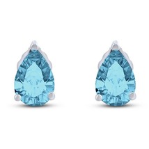Simulated Aquamarine Pear Solitaire Stud Earrings 14K White Gold Plated Silver - £24.25 GBP