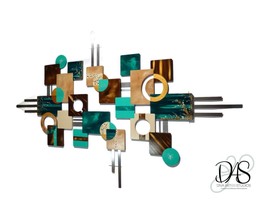 Wood metal Wall Art, Teal Abstract Wall Sculpture, Contemporary wall decor 68x40 - £392.26 GBP