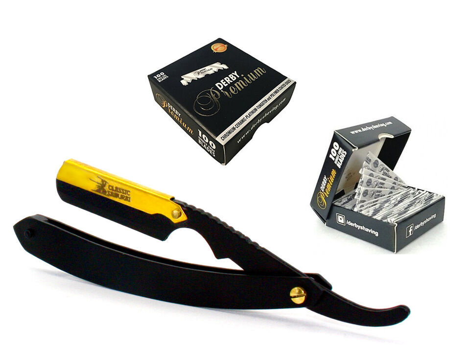 Matte Black Golden Head Folding Straight Razor + 100 Derby Premium Blade... - $16.75