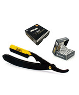 Matte Black Golden Head Folding Straight Razor + 100 Derby Premium Blade... - $23.66 CAD
