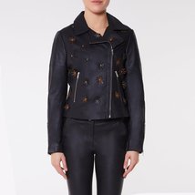 Winter Black Genuine Leather Floral Studded Biker Jacket made from Soft ... - $260.99