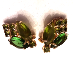 Beautiful Green Navette Crystal Rhinestone Clip On Earrings Prong Set Go... - £31.09 GBP