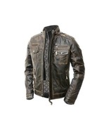 Men Leather Jacket Vintage Biker Café Racer Designer Distressed Genuine ... - €178,65 EUR