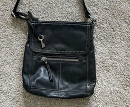 Fossil Women&#39;s Crossbody Zip Bag Black Genuine Leather - £15.58 GBP