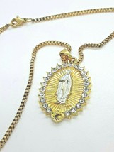 18k Women/Mens Gold Plated Virgin Mary Pendant w/ Crystal Stones &amp; SS Necklace - £11.00 GBP