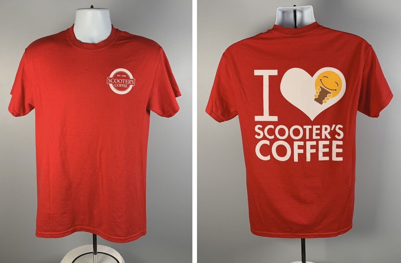 Primary image for I Love Scooters Coffee T Shirt Mens Medium Heart Smiley Face Logo 50/50 Red