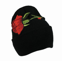 Rose H Embroider Black Beanie Knit Ski Headwear Cap Hat Warm Winter Cuff  - £15.95 GBP
