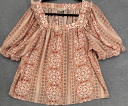 Boho Floral Peasant Blouse Coral Pink 3/4 Sleeve Ruffle Neck Top Large - $24.74