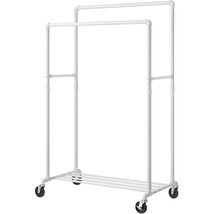 Heavy Duty White Pipe Double-Rod Garment Clothes Rack with Locking Wheels - £126.77 GBP