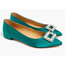 Crystal Embellished Pointed-Toe Satin Flats | Sz 7, Green | J Crew Factory - £56.24 GBP