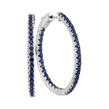 14k White Gold Round Blue Sapphire Hoop Fashion Earrings 2-3/4 Ctw - £986.23 GBP