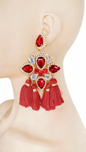 5&quot; Long Statement Tassel Jewelled Party Earrings Red AB Crystals Costume... - £18.22 GBP