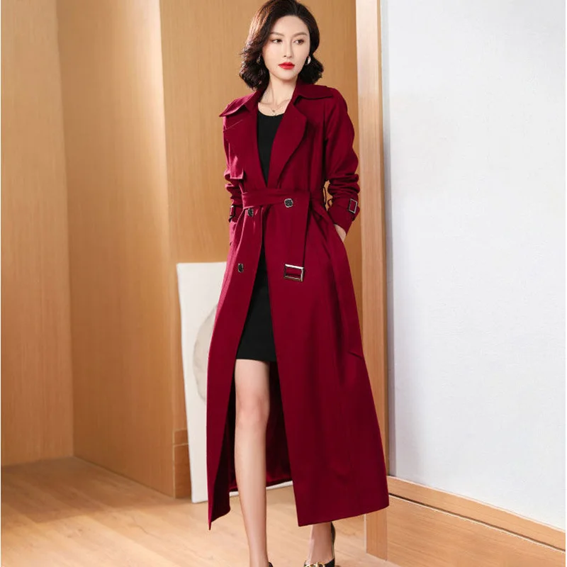  Women&#39;s Trench Coat Wine Red Lapel Double Breasted With Belt Female Windbreaker - £337.72 GBP