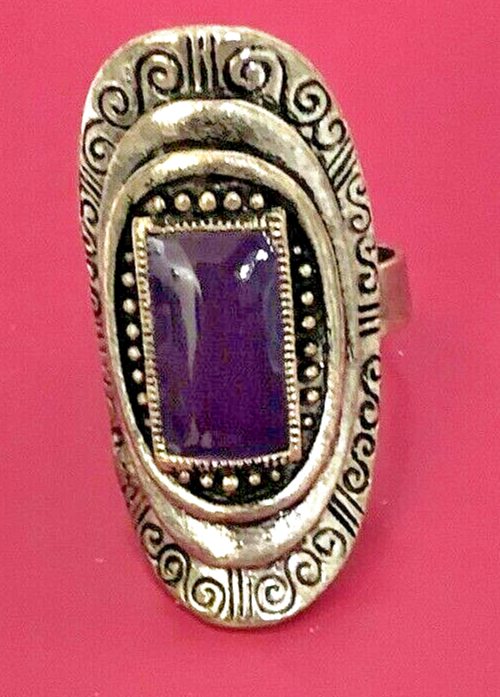 Silver Ring with Purple Enamel Stone Bezel Set, Adjustable - $6.08