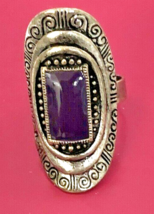 Silver Ring with Purple Enamel Stone Bezel Set, Adjustable - £4.86 GBP