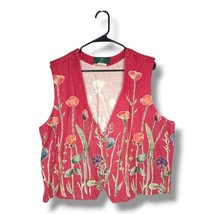 Vintage Orvis Women&#39;s Vest Size XL Floral Gilet Red Cotton Flax USA - $35.95