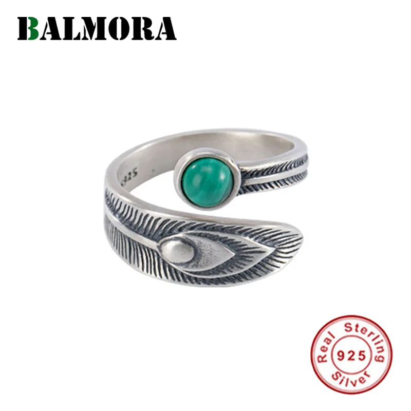 Real 925 Sterling Silver Retro Malachite Feather Open Stacking Rings for Women M - $34.43