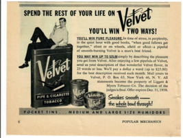 1959 Velvet Tobacco Vintage Print Ad Smokes Smooth The Whole Bowl Through - $14.45