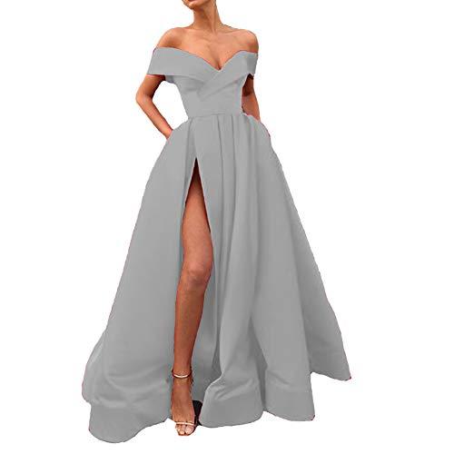 Kivary Off The Shoulder Front Slit Ball Gown Long Prom Dress with Pockets Silver