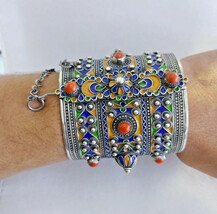 Berber Bracelet Kabyle Cuff Silver Large Enamel Coral Vintage Tribal Alg... - $14,497.89 MXN