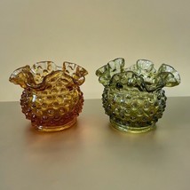 Vtg Fenton Small Amber + Green Hobnail Glass Rose Bowl w/Ruffle Rim Vase... - $31.03