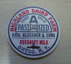 vintage KARL KLOSSNER HIGHLAND DAIRY FARM OWEGO NY Guernsey MILK BOTTLE ... - £3.90 GBP