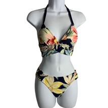 Kona Sol 2pc Bikini Swimsuit S Floral Halter Lightly Padded Med Coverage Hipster - £21.84 GBP