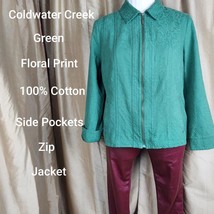 Coldwater Creek Leaf Green Print Cotton Zip Jacket Size 20 - $19.00