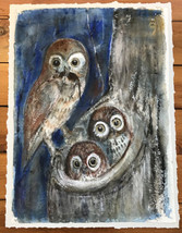 Vtg 90s Original Watercolor Owl Family Painting Art Handmade Paper 25&quot; x 19&quot; - £127.88 GBP