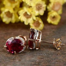 14k Rose Gold Plated 2 Ct Oval Lab Created Red Garnet Halo Stud Women&#39;s Earrings - £39.00 GBP