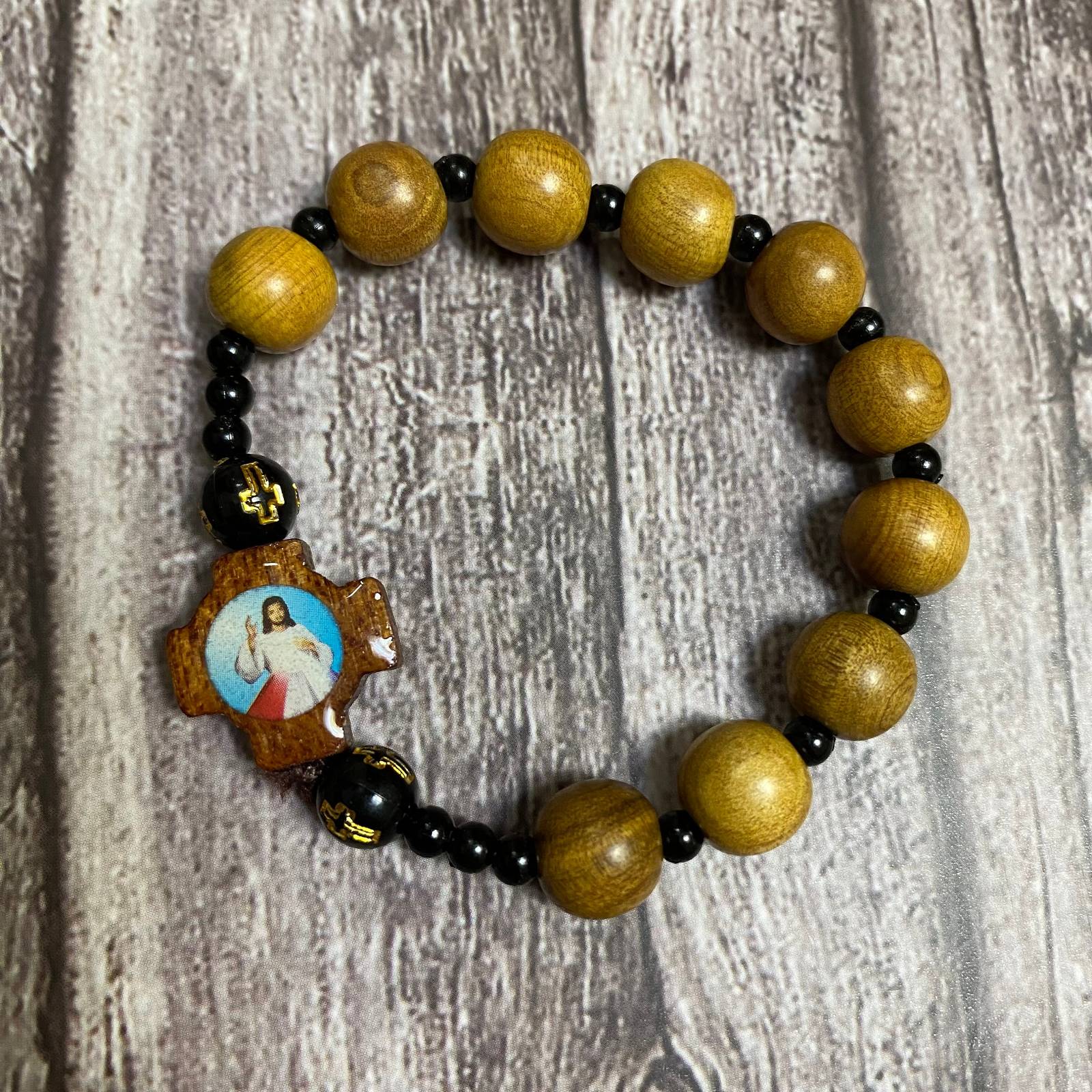 Natural wood Catholic Bracelet with Jesus Blessing, Christian Bracelet - $17.90